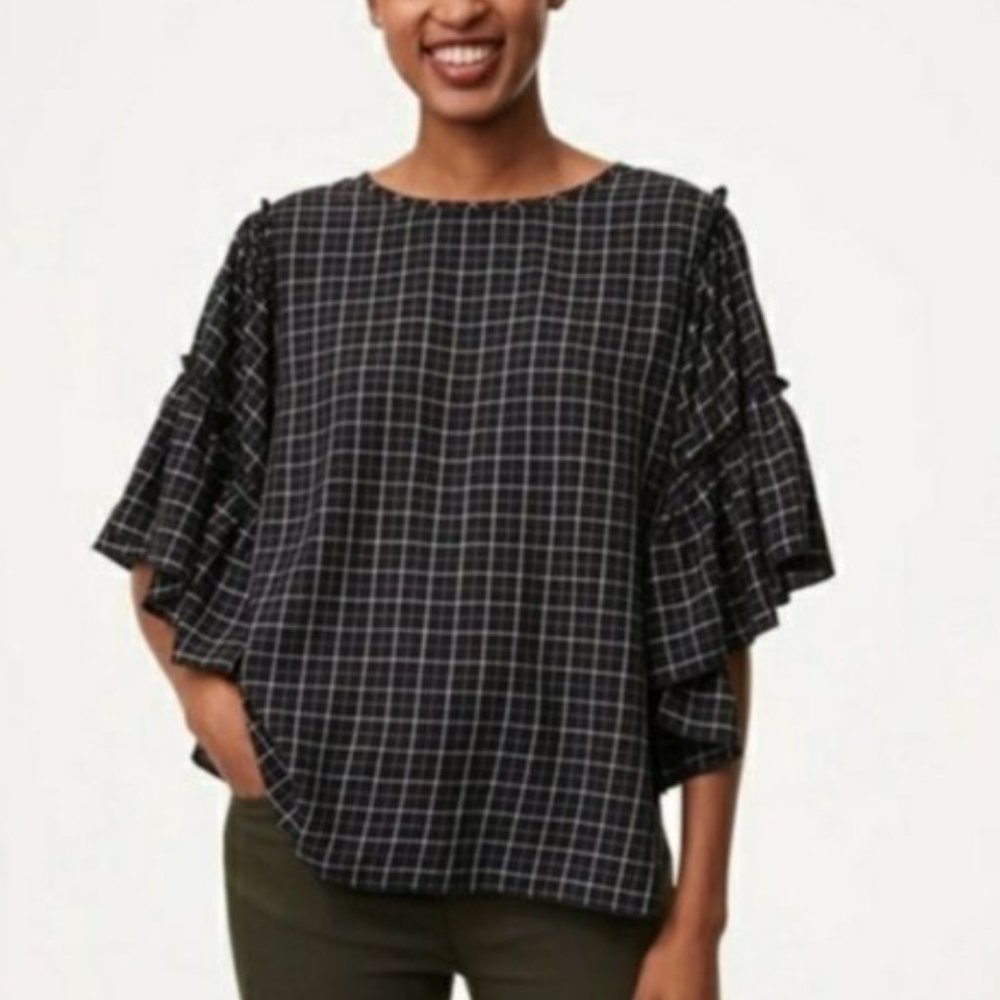 LOFT Checkered Ruffle Short Sleeve Blouse